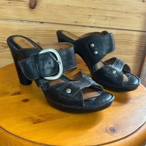 Born Black Leather Platform Mule Sandals Buckle Chunky Heel Size 8 39 90's Y2K